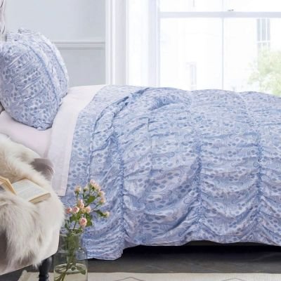 Fabric King Size Quilt Set with Pleated and Ruffled Details, Blue By Casagear Home