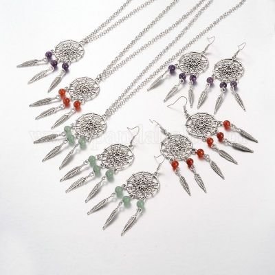 Leaf Alloy Jewelry Sets Necklaces & Earrings, with Natural Gemstones and Brass Earring Hooks, 18.1 inches