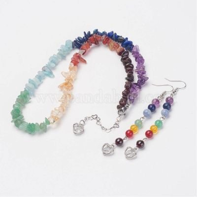 Mixed Gemstone Jewelry Sets, Beaded Necklaces & Dangle Earrings, with Brass Earring Hooks, Platinum, 17.1 inches