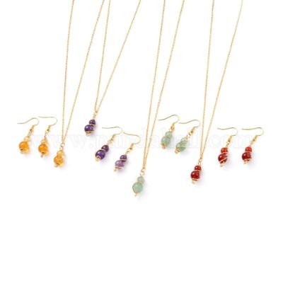 Natural Gemstone Pendant Necklace & Dangle Earrings Jewelry Sets, with Copper Wire, Golden Plated Brass Earring Hooks and Cable Chains, Round, Necklace