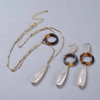 Natural Quartz Crystal Pendants Necklaces and Dangle Earrings Jewelry Sets, with Cellulose Acetate(Resin) Rings, 316 Stainless Steel and Brass Findings, Real 18K Gold Plated