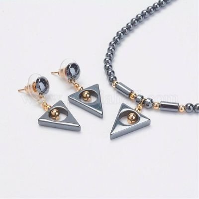 Non-Magnetic Synthetic Hematite Jewelry Sets, Stud Earrings and Pendant Necklaces, with Alloy Findings, Triangle, Grade A, 18.03inches(45.8cm)