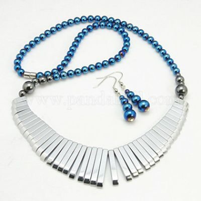 Non-magnetic Hematite Jewelry Sets, Necklaces and Earrings, with Brass Magnetic Clasps and Brass Earring Hooks, Blue, 335mm