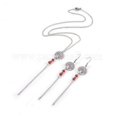 Stainless Steel Jewelry Sets, Pendant Necklaces and Dangle Earrings, with Natural Carnelian and Stainless Steel Findings, Flat Round with Tree of Life, Necklace