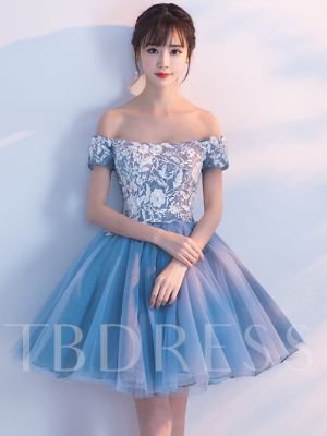 A-Line Off-the-Shoulder Short Sleeves Appliques Beading Homecoming Dress