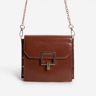 Frost Chain Strap Buckle Detail Mini Cross Body Bag In Nude Faux Leather