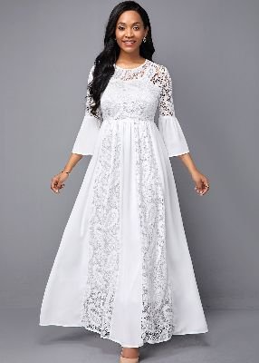 Lace Panel White Round Neck High Waist Dress