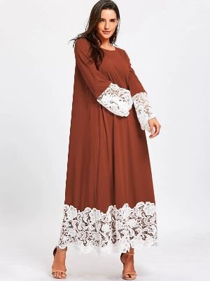 Lace Trimmed Long Sleeve Shift Maxi Dress
