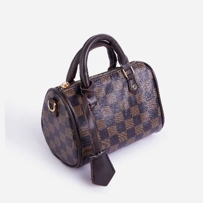 Lana Mini Bowling Bag In Brown Check Print Faux Leather