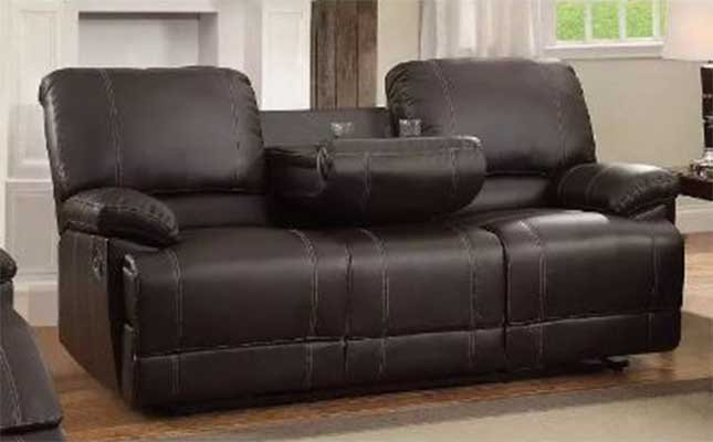 Leather Double Reclining Sofa With Drop Down Cup Holders Brown - Benzara