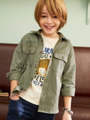 Overshirt with Jeep Motif on the Back for Boys - green medium solid with desig