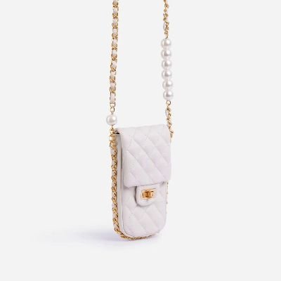 Peaches Quilted Pearl & Chain Detail Cross Body Mini Bag In White Faux Leather