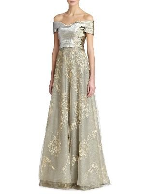Rene Ruiz Collection - Off-The-Shoulder Embroidered Metallic Ball Gown