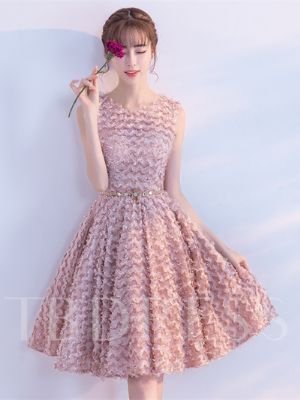 Scoop A-Line Lace Sashes Finished Fabric Knee-Length Homecoming Dress