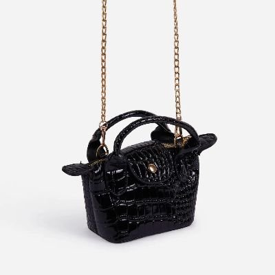 Swift Chain Strap Popper Detail Mini Bag In Black Croc Print Patent