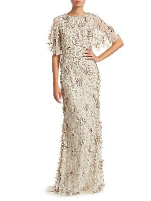 Theia - Embellished Flutter-Sleeve Tulle Gown