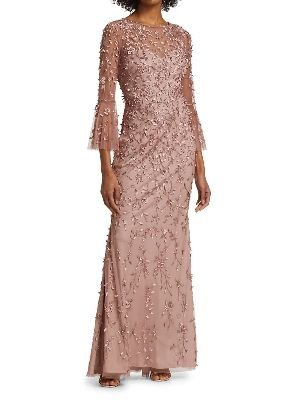 Theia - Flounce-Sleeve 3-D Embroidered Gown