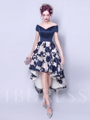 V-Neck A-Line Lace Short Sleeves Asymmetry Homecoming Dress