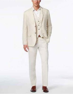 2 Button Beach Wedding Outfit Natural All White Linen - Men's Summer Suit