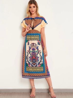 Color Block Cut Out Tribal Print Short Sleeves Dress