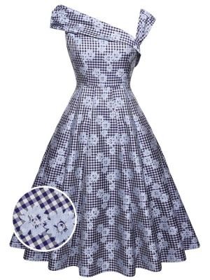 NAVY BLUE 1950S OFF SHOULDER DAISY DRESS