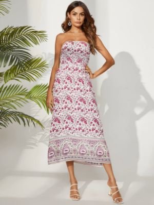 YOINS Backless Design Random Floral Print Tube Top Sleeveless Dress