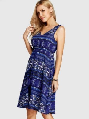 YOINS Blue Tribal Print V-neck Sleeveless Drawstring Waist Dress