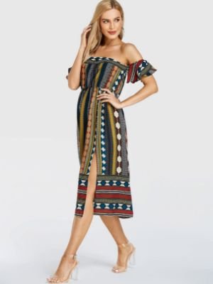 YOINS Multi Tribal Print Ruffle Trim Slit Design Dress