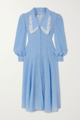 ALESSANDRA RICH - Macramé-trimmed polka-dot silk crepe de chine midi dress