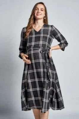 Black Maternity V-Neck Fit And Flare Midi Dress