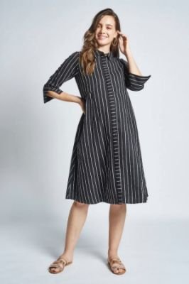 Black - White Stripes Maternity Knee Length Dress