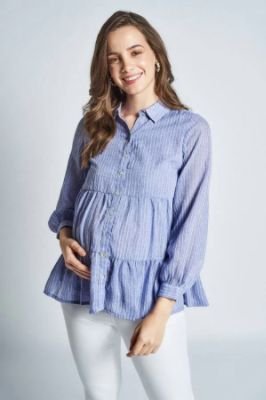 Blue Stripes Shirt Style Maternity Top