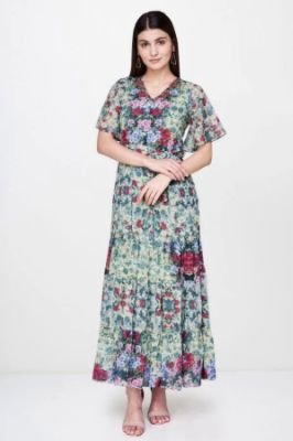 Green Floral V-Neck Flared Sleeves Gown