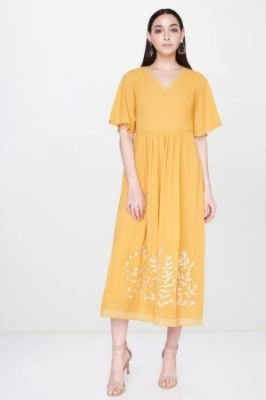 Yellow Pleated V-Neck Fit And Flare Gown