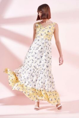 Yellow - White Floral V-Neck Sleeveless Gown