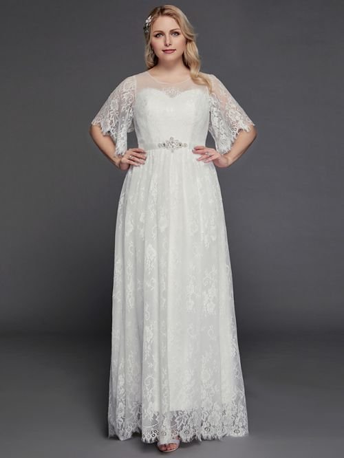 A-Line Wedding Dresses Illusion Neck Jewel Neck Floor Length Lace Tulle Half Sleeve Formal Boho Little White Dress See-Through with Beading Lace Insert 2021