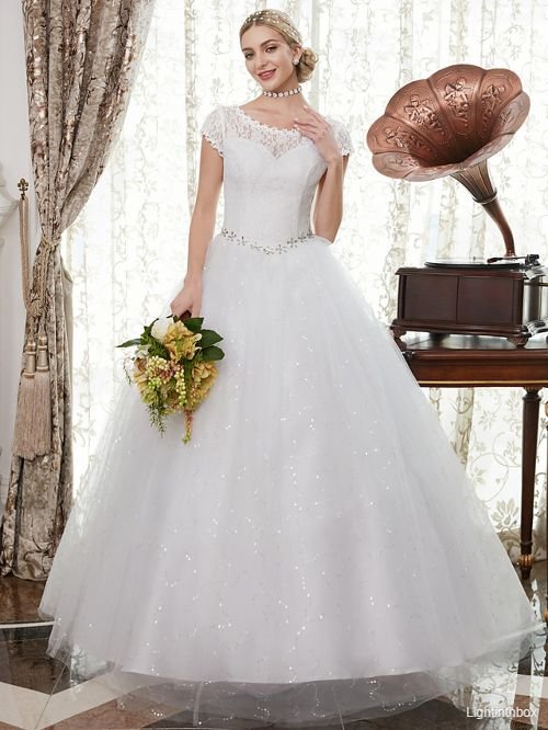 A-Line Wedding Dresses Scoop Neck Floor Length Satin Lace Over Tulle Cap Sleeve Romantic Illusion Detail with Crystals Appliques 2021
