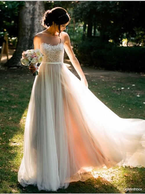 A-Line Wedding Dresses Sweetheart Neckline Floor Length Lace Tulle Spaghetti Strap Beach Backless with Appliques 2021