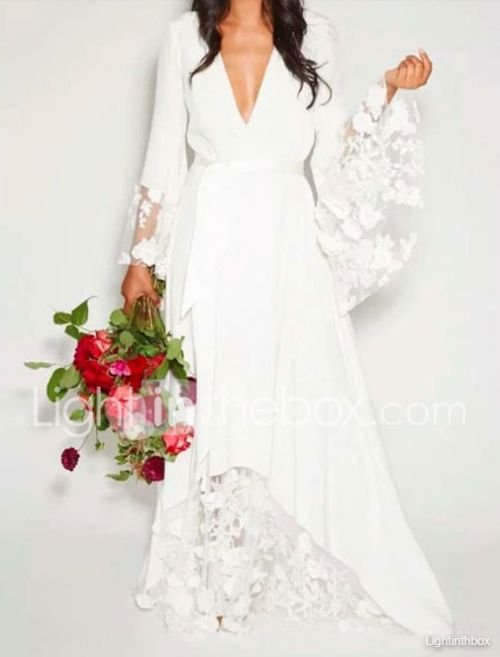 A-Line Wedding Dresses V Neck Floor Length Chiffon Lace Long Sleeve Casual Illusion Detail with Lace Insert 2021