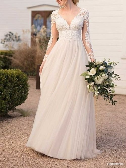 A-Line Wedding Dresses V Neck Floor Length Lace Tulle Long Sleeve Beach Boho See-Through Backless Illusion Sleeve with Lace 2021