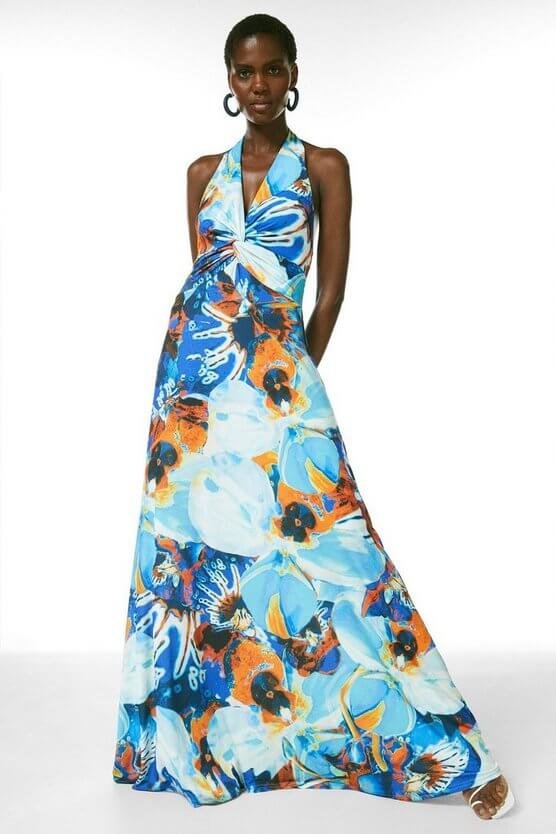 Blue Floral Print Twist Waist Jersey Maxi Dress