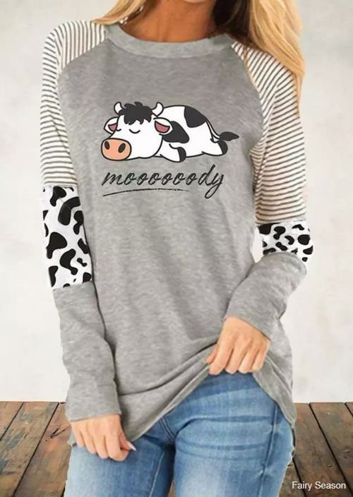 Cow Striped Splicing Moooooody Raglan Sleeve Blouse - Light Grey