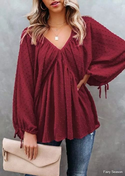 Dotted Swiss Elastic Cuff Open Back Tie Blouse - Burgundy
