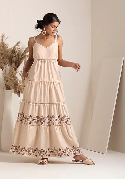 EARTHEN Beige Embroidered Tiered Maxi Dress