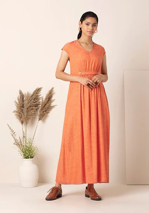 EARTHEN Orange Stretch Waist Maxi Dress