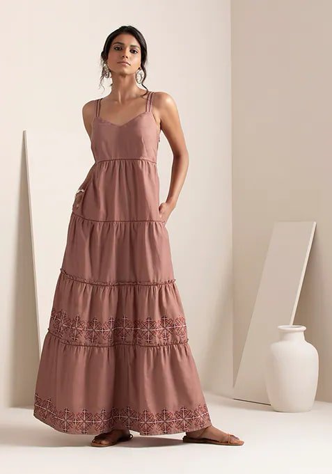 EARTHEN Rose Pink Embroidered Tiered Maxi Dress
