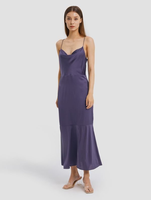 Front-Slit Cowl Neck Silk Slip Dress