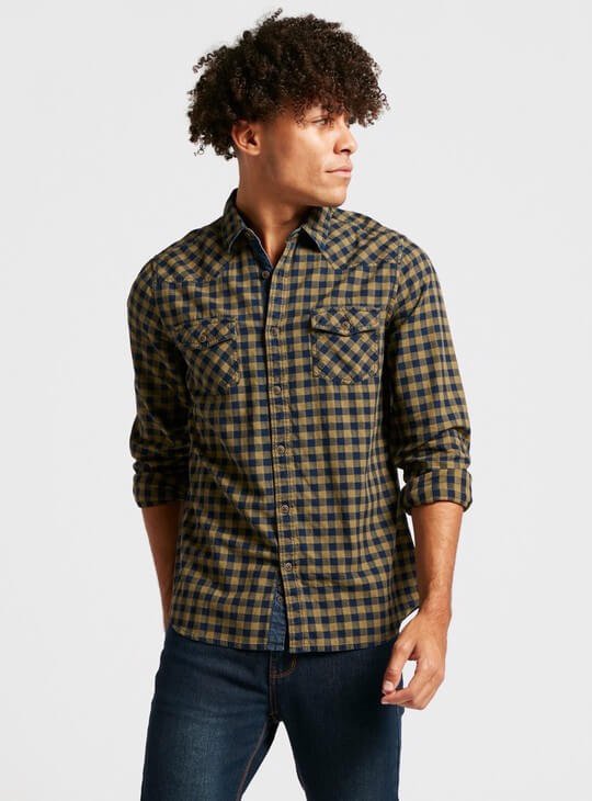 Gingham Checks Print Collared Shirt with Long Sleeves
