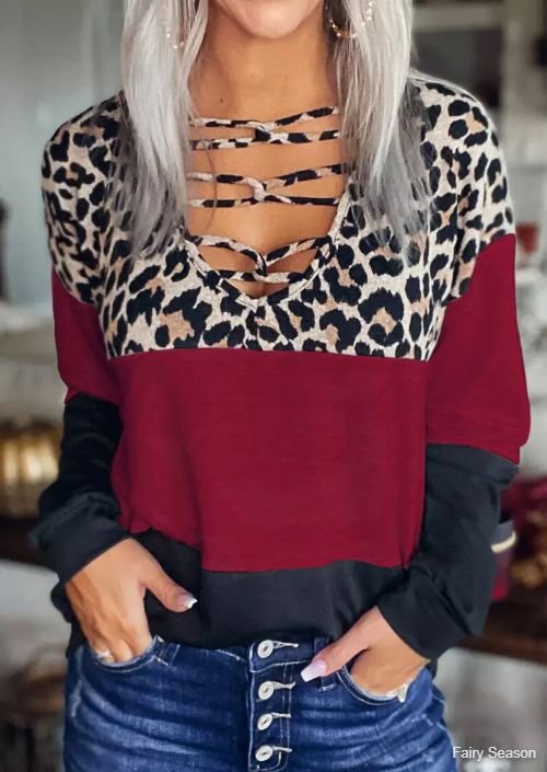 Leopard Color Block Criss-Cross Long Sleeve Blouse - Burgundy