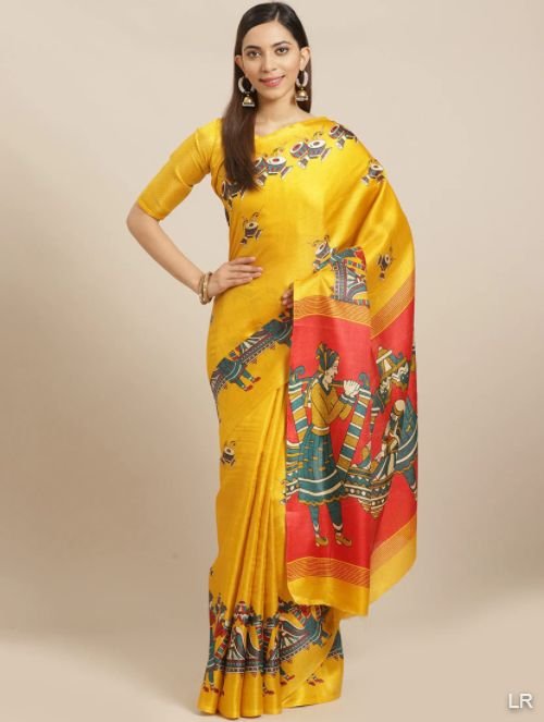 Mustard Silk Printed Saree With Blouse